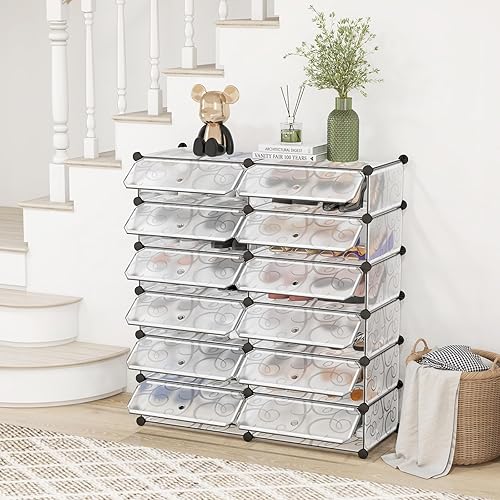 Miniatura 8 de COSTWAY Shoe Rack Organizer, 6 Tier Shoe Shelves with Covers, DIY Design, 24-Pair Stackable Cube Organizer Boxes, Freestanding Shoe Cabinet for
