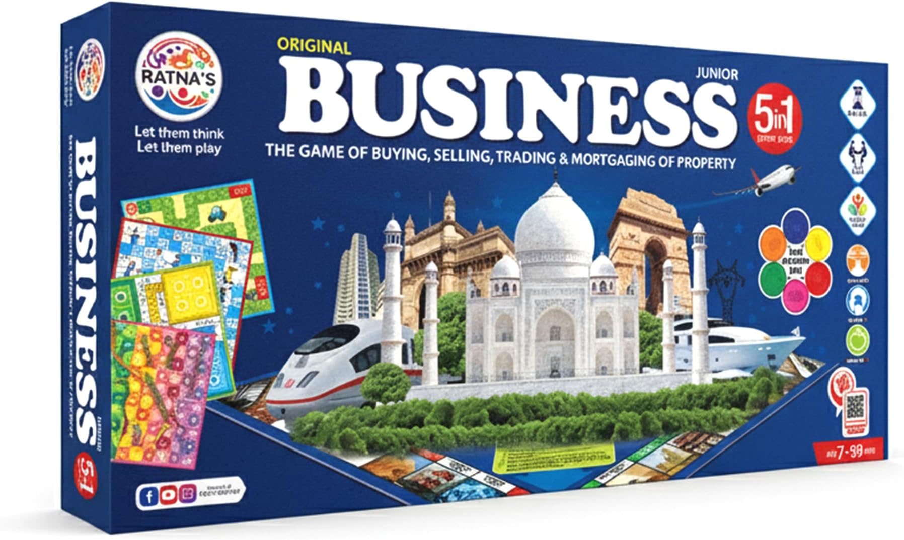 Ratna's Business Junior Coins 5 in 1 Board Game Set of Business, Snake and Ladders, Ludo, Car Rally, and Cricket Games, 2-4 Players, Perfect for Kids & Adults Play