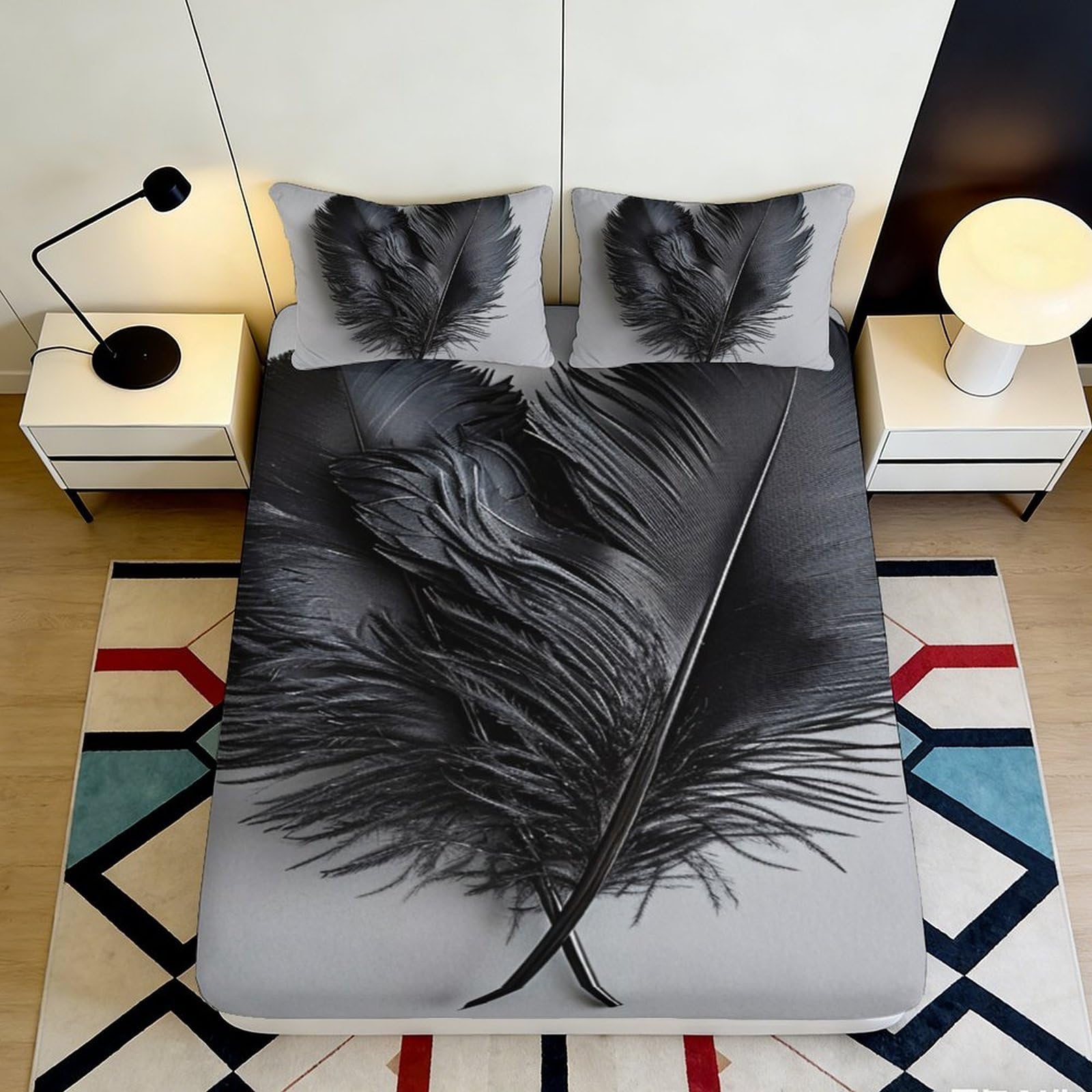 Pnayamiorkfel Style-4 3D Printed Black Feather Fitted Sheet Microfiber Soft Decorative Grey Leaf Bed Cover For Bedroom Guest Room Dorm 90X200x25cm