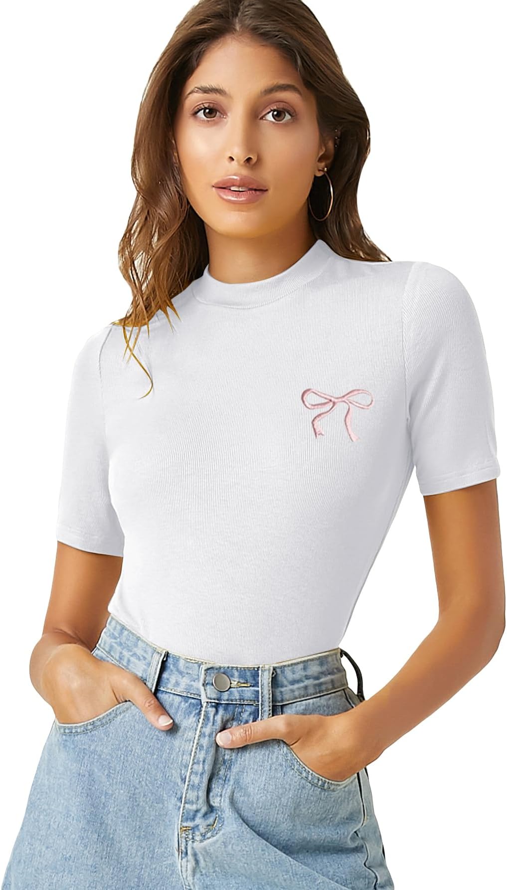 Verdusa Women's Business Casual Tops Mock Neck Short Sleeve Knit Basic Tees Work Ofiice Outfits