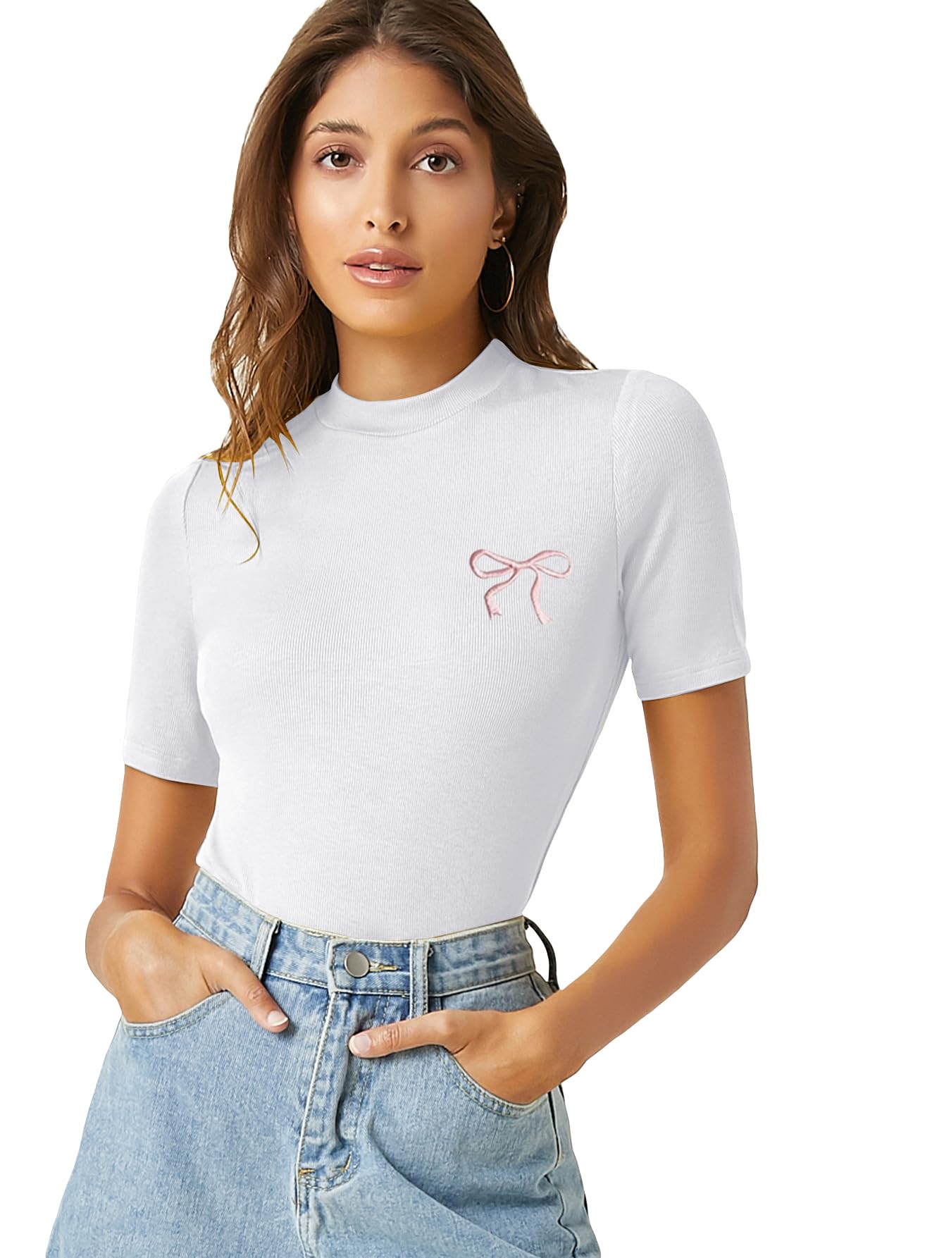 Verdusa Women's Business Casual Tops Mock Neck Short Sleeve Knit Basic Tees Work Ofiice Outfits