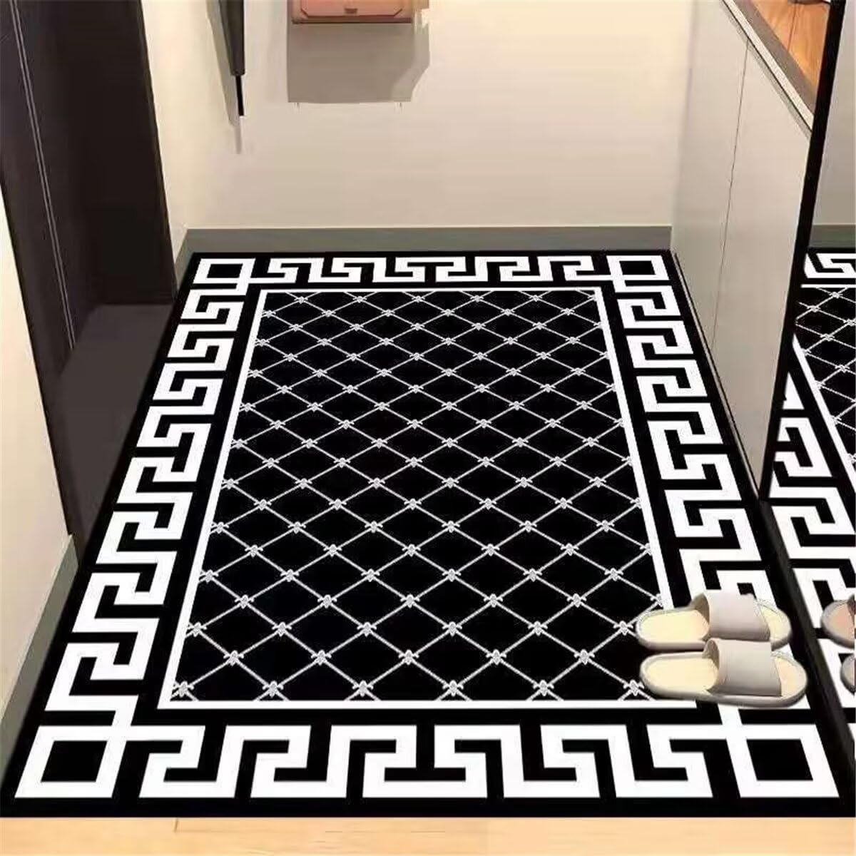 Tapis long chambre enfant fille noir et blanc 60x120 motif géométrique carré