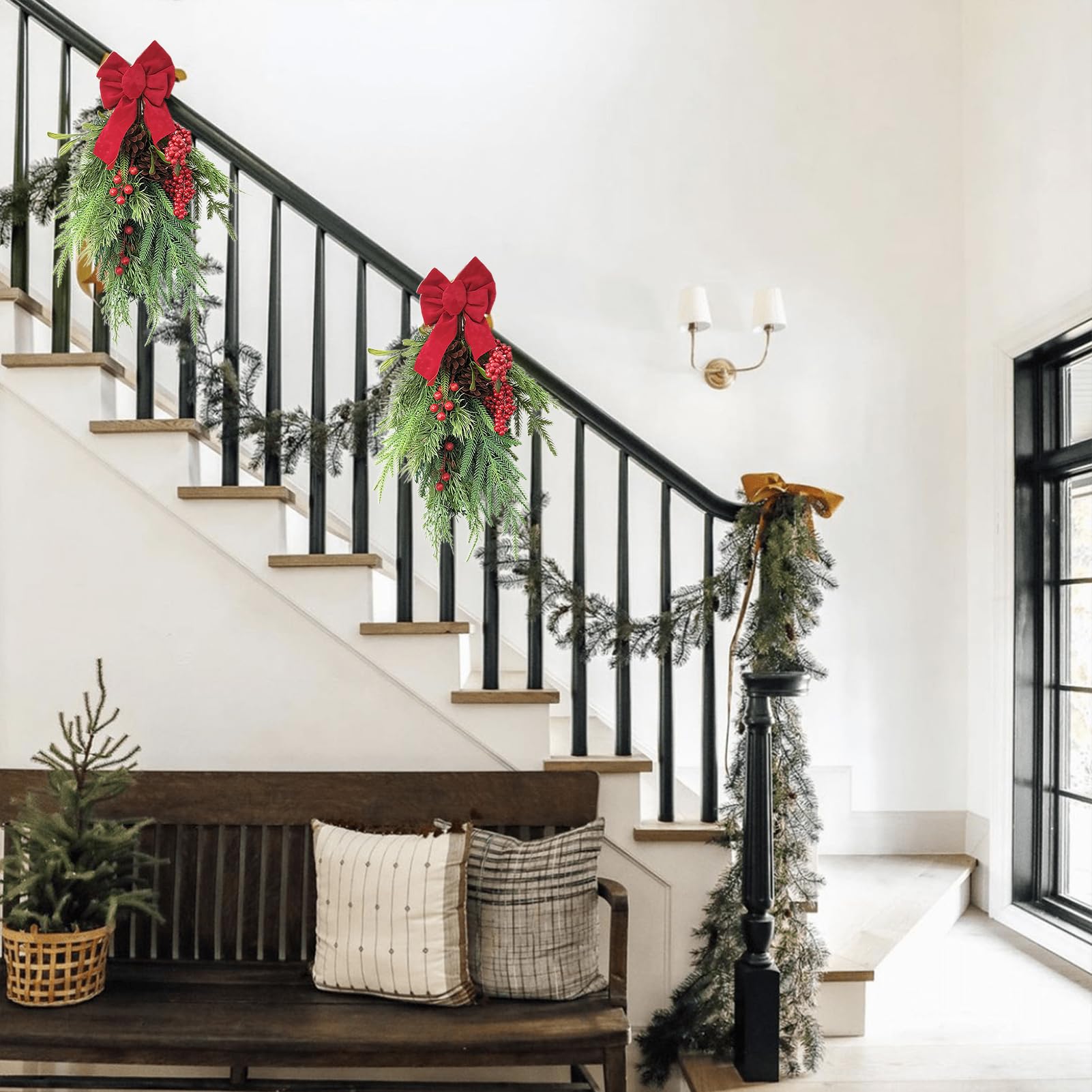 IUIBMI Christmas Teardrop Swags Pine Swag with Bowknot, Red Berries and Pinecone Winter Pine Needles Swag Teardrop Door Swag for Outdoor Front Door Wall Home Decor (25.6in)