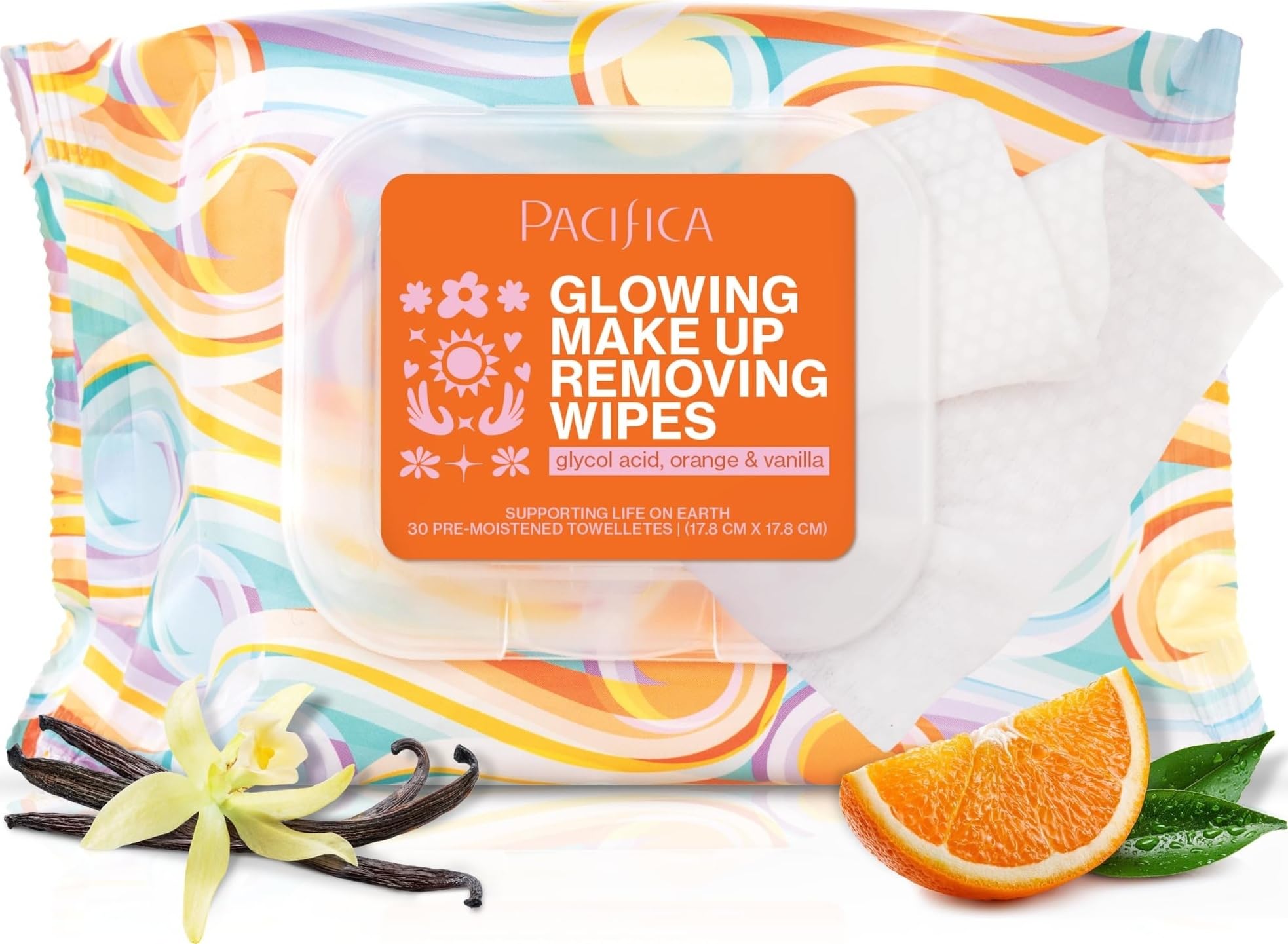 Pacifica, Glowing Makeup Remover Wipes - with Glycolic Acid for AHA Exfoliating and Facial Cleansing - No Rinse Face Cleaning Towelettes - Dermatologist Tested, 30 Count