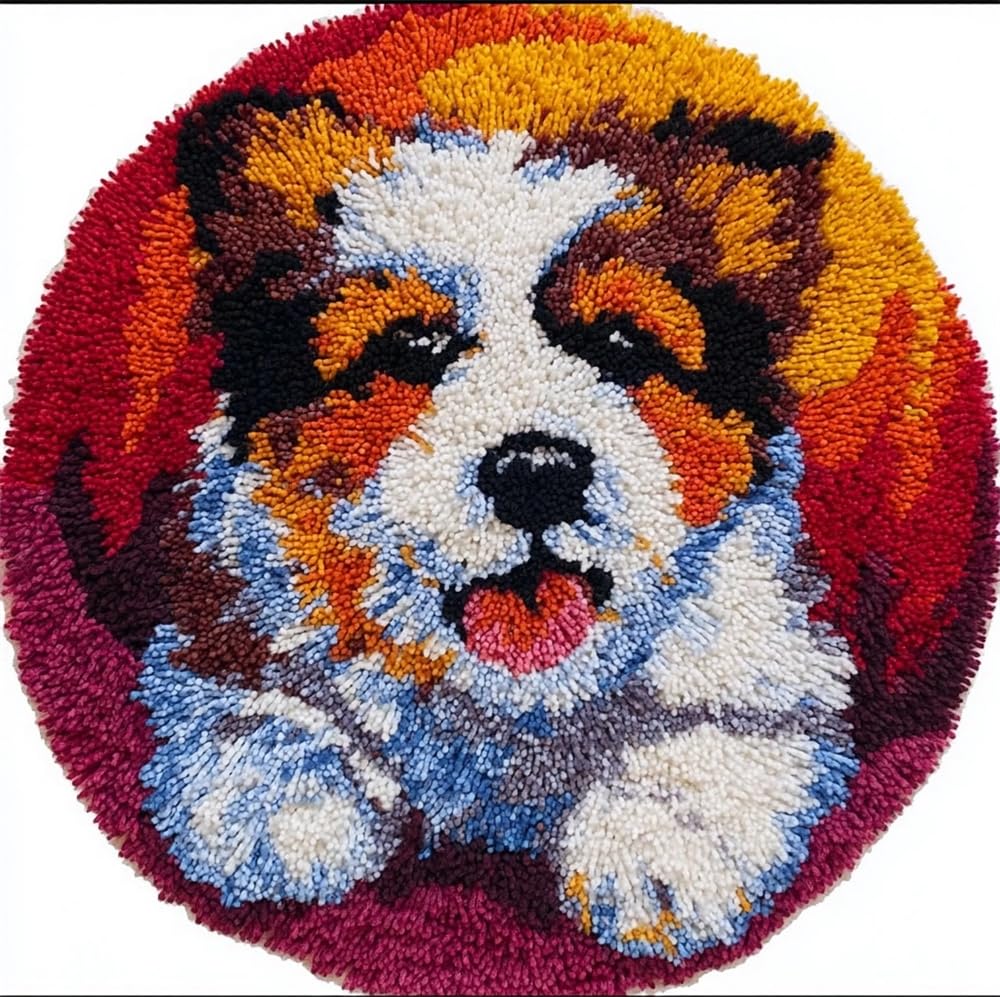 kitphoenix Latch Hook Rug Set,Dog Knotted Carpet 50X50Cm, Rugs Cross Stitch Embroidery, DIY Handmade Latch Hook Rug Making Tool Kit