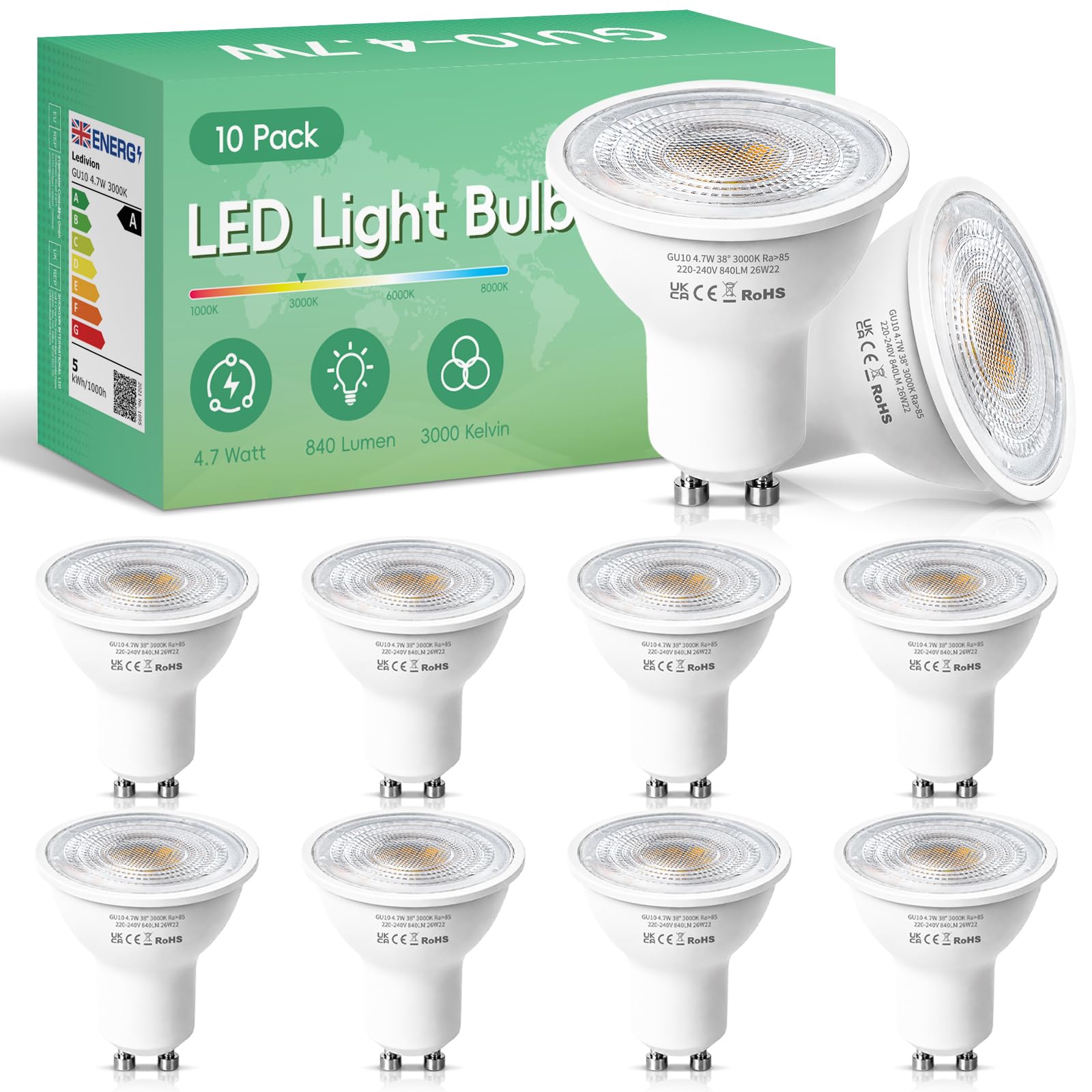 Lot de 10 ampoules LED GU10 Blanc chaud 3000 K 4,7 W (équivalent 50 W) Ampoule LED à économie d'énergie 220-240 V 840 lm IRC > 85 Angle de faisceau 38 ° Non dimmable Sans scintillement Pour Plafond