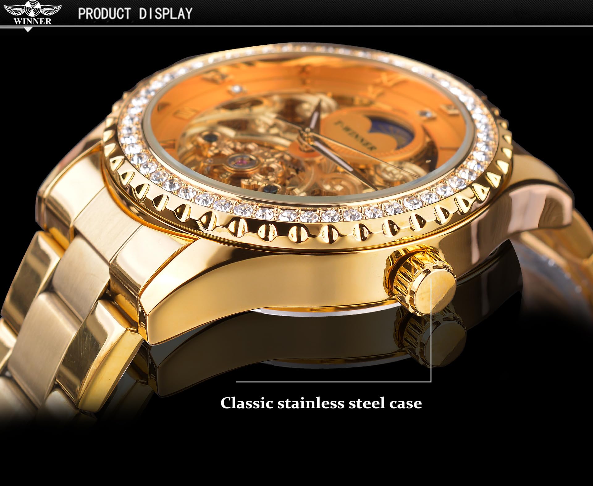 Golden Moon Phase Design Luxus Retro Stil Uhr Diamant Edelstahl Armband Skelett Tourbillon Männer Automatische Mechanische Uhren