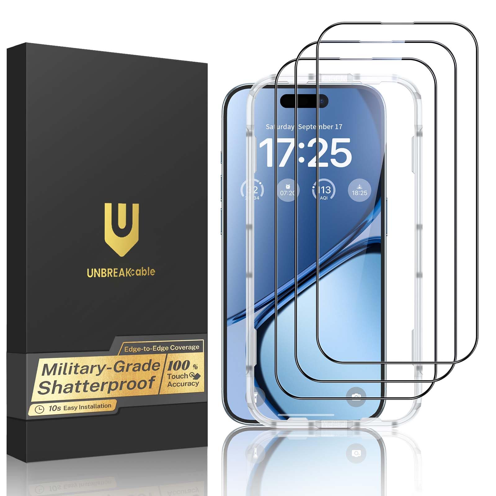 UNBREAKcable 3-Pack Screen Protector for iPhone 15, Full Coverage