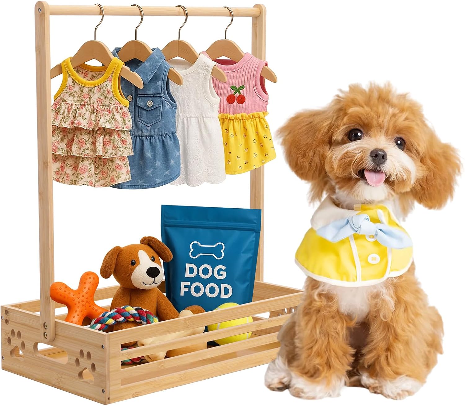 Baby Clothing Rack for Toddler, Pets, Bamboo Clothes Rack with Adjustable Hanging Rod, Storage Shelf & Handle, Nursery Organizer for Baby Shower, Dogs and Cats