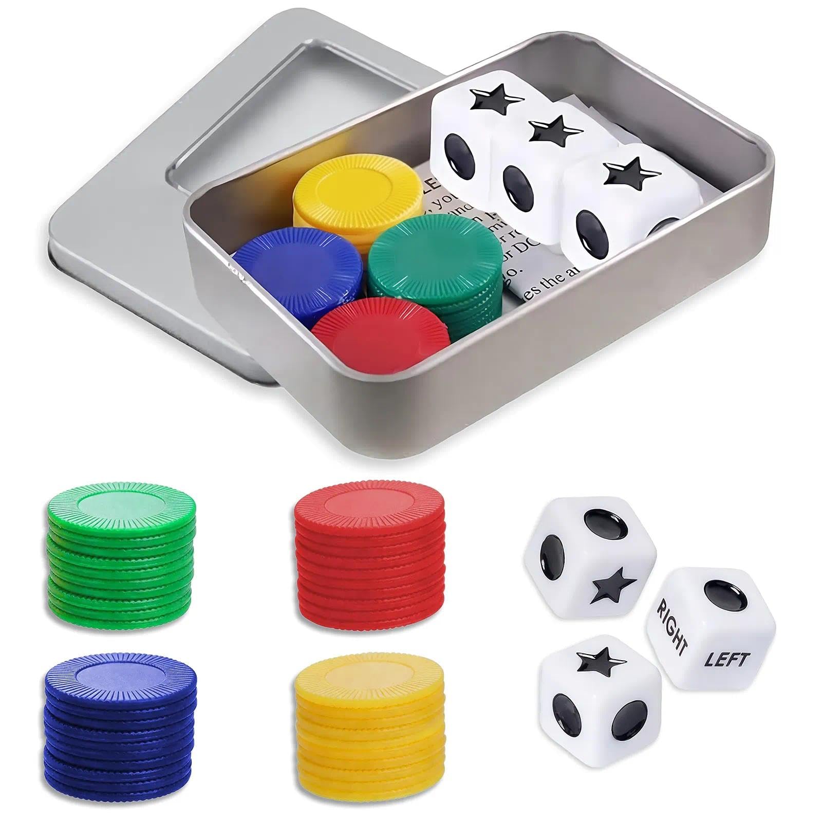 Lobaake 44-Piece Left Right Centre Dice Game Set, 3 Dice + 40 Chips with Storage Box, Fun Interactive DiceGame for Family Parties, Camping & Gatherings