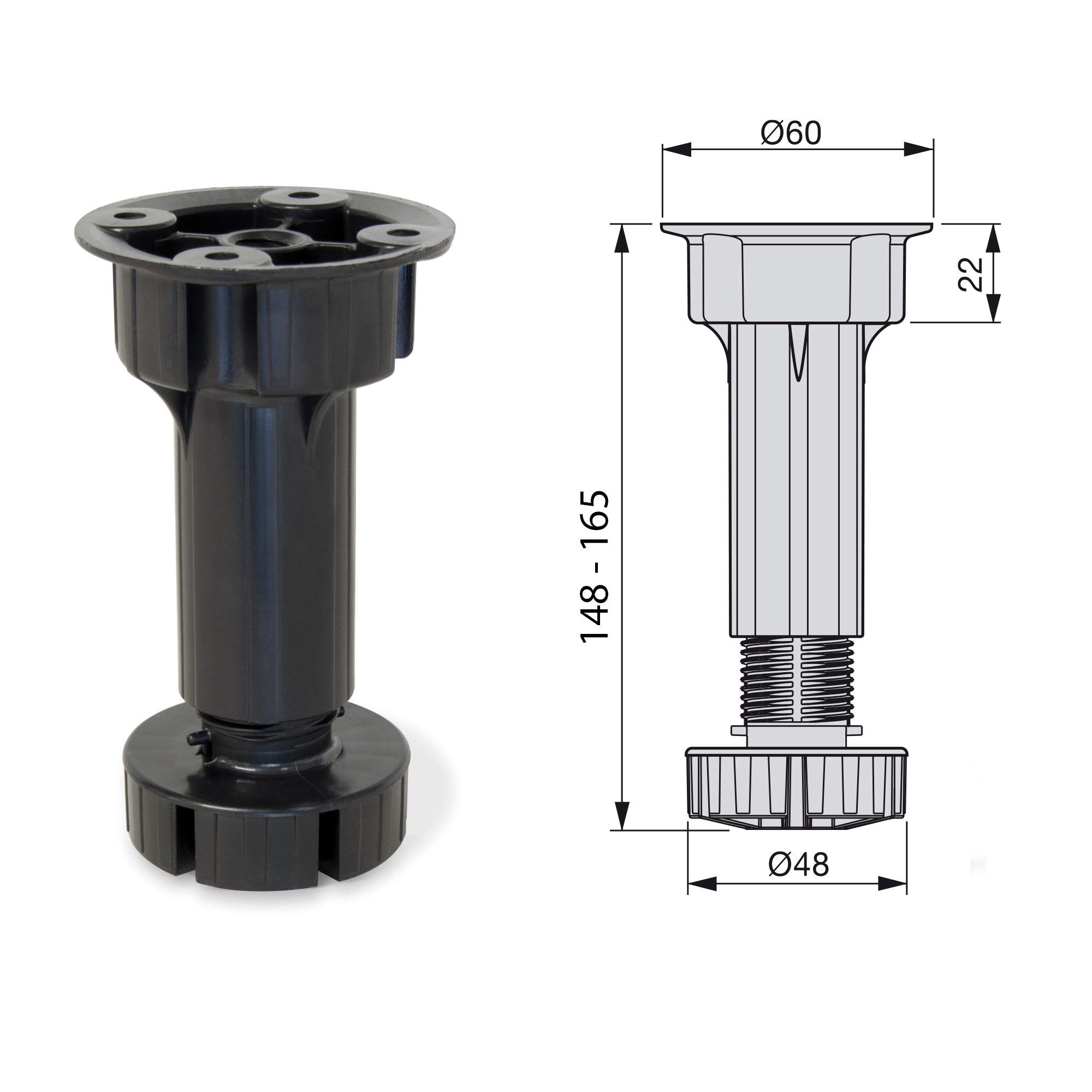 Emuca 2032617 Set aus 10 Sätzen aus 4 regulierbaren Füßen für Küche/Bad mit Zubehör Höhe 148-165mm aus schwarzem Kunststoff, H 150 mm