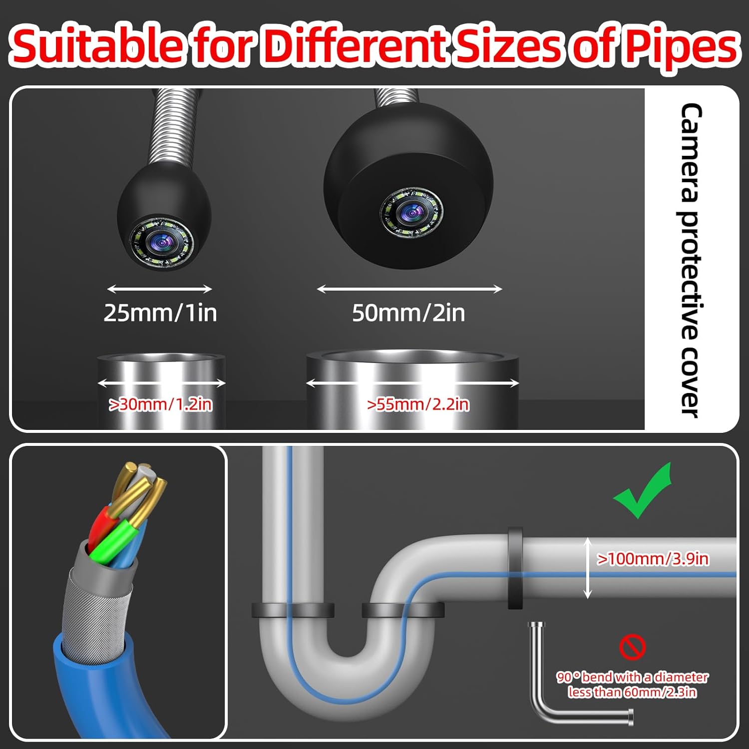 Sanyipace Sewer Camera 100FT/30M, 0.67in/17mm Pipe Inspection Camera with Light, 5600mAh Battery, Mic & Speaker, 4.3" Screen, 8 LEDs, 1000TVL Plumbing Snake Camera, Included 16GB Card