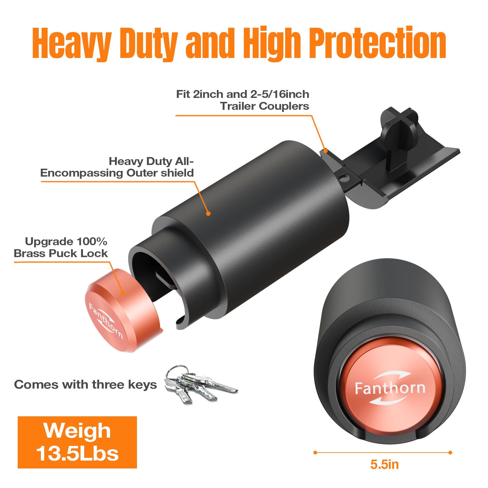 Fanthorn Heavy Duty Trailer Hitch Lock For 2-5/16" Bulldog/Ram Couplers - Anti-Theft Alloy Steel