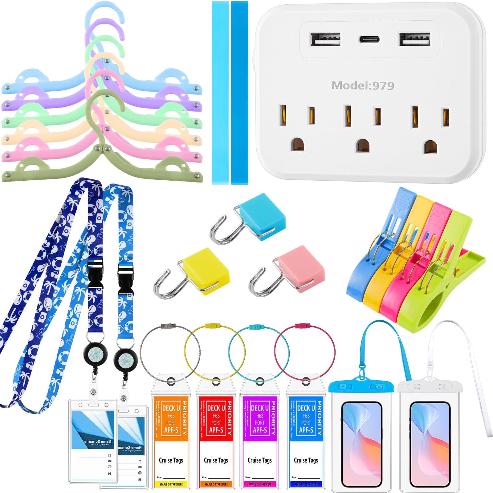 Chunful 24 Pcs Cruise Ship Essentials Kit Include 4 Cruise Luggage Tags Holder 2 Lanyards with Card Holders 1 Power Strip 2 Phone Bag 6 Coat Hanger 3 Magnet Hooks 2 Towel Bands 4 Clips