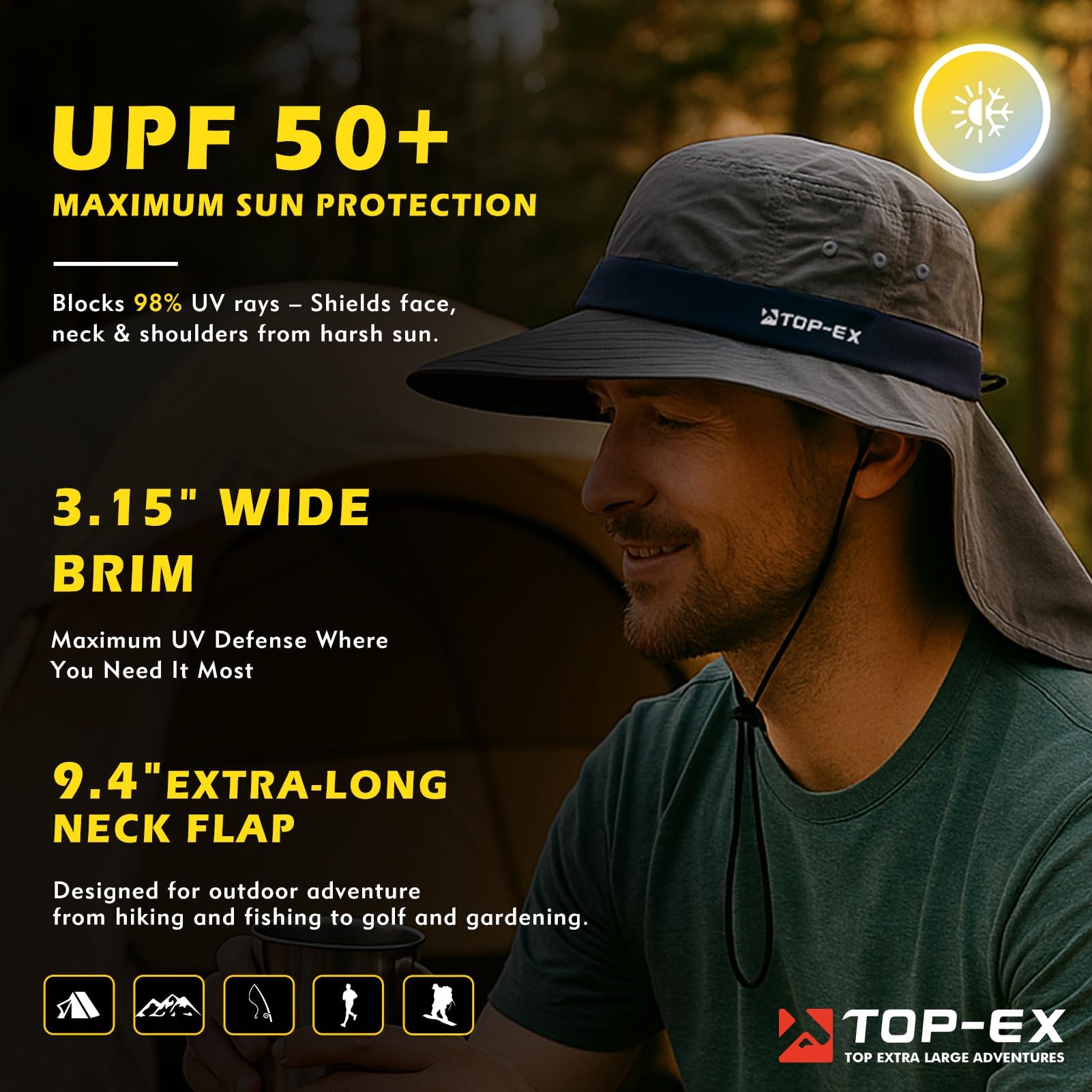 TOP-EX Chapeau de soleil à large bord pour homme avec rabat de cou – Protection UPF 50 rafraîchissante pour la randonnée, la pêche et l'extérieur