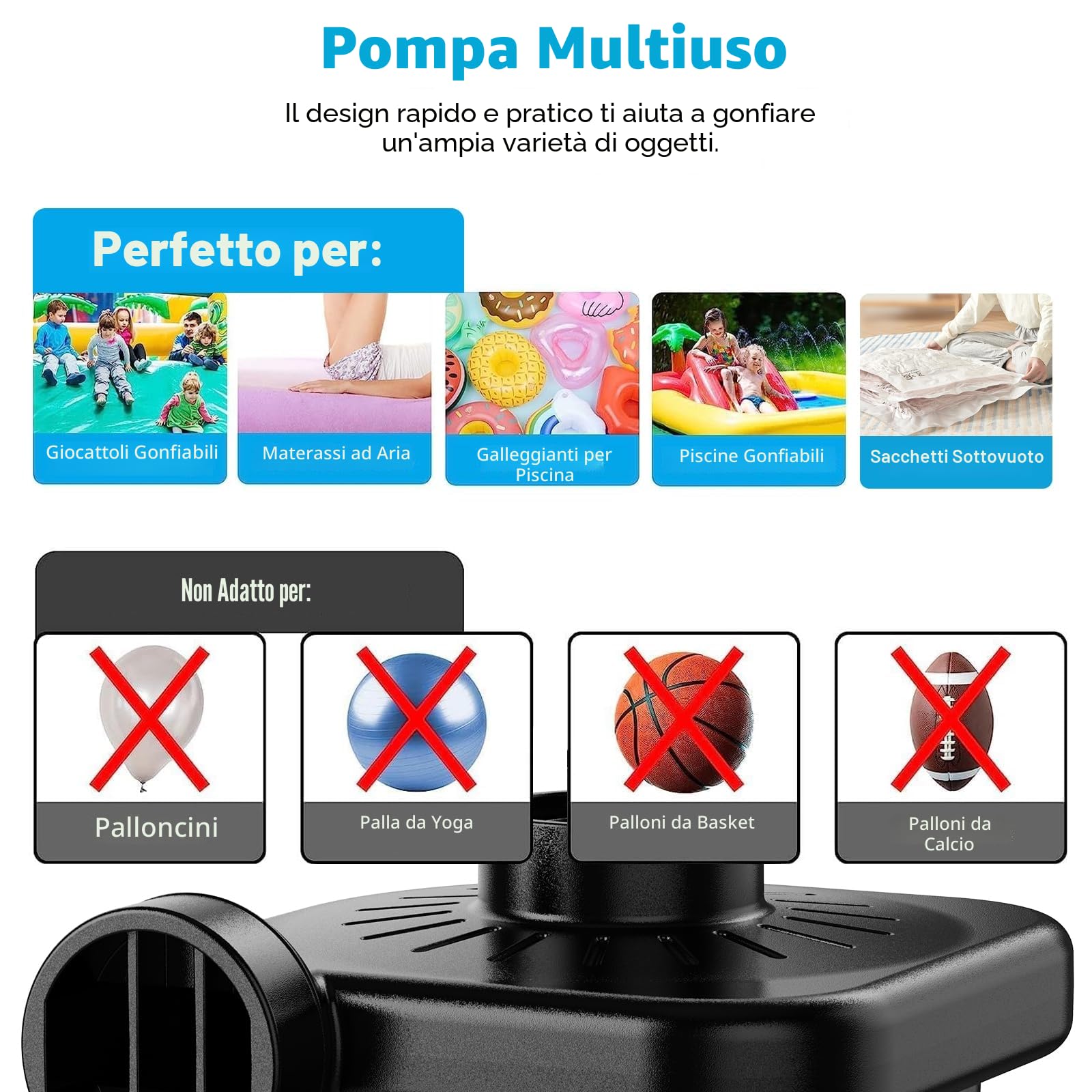 Pompa Elettrica Gonfiabile 220-240V 3 Ugelli per Campeggio Materassini Barche Galleggianti