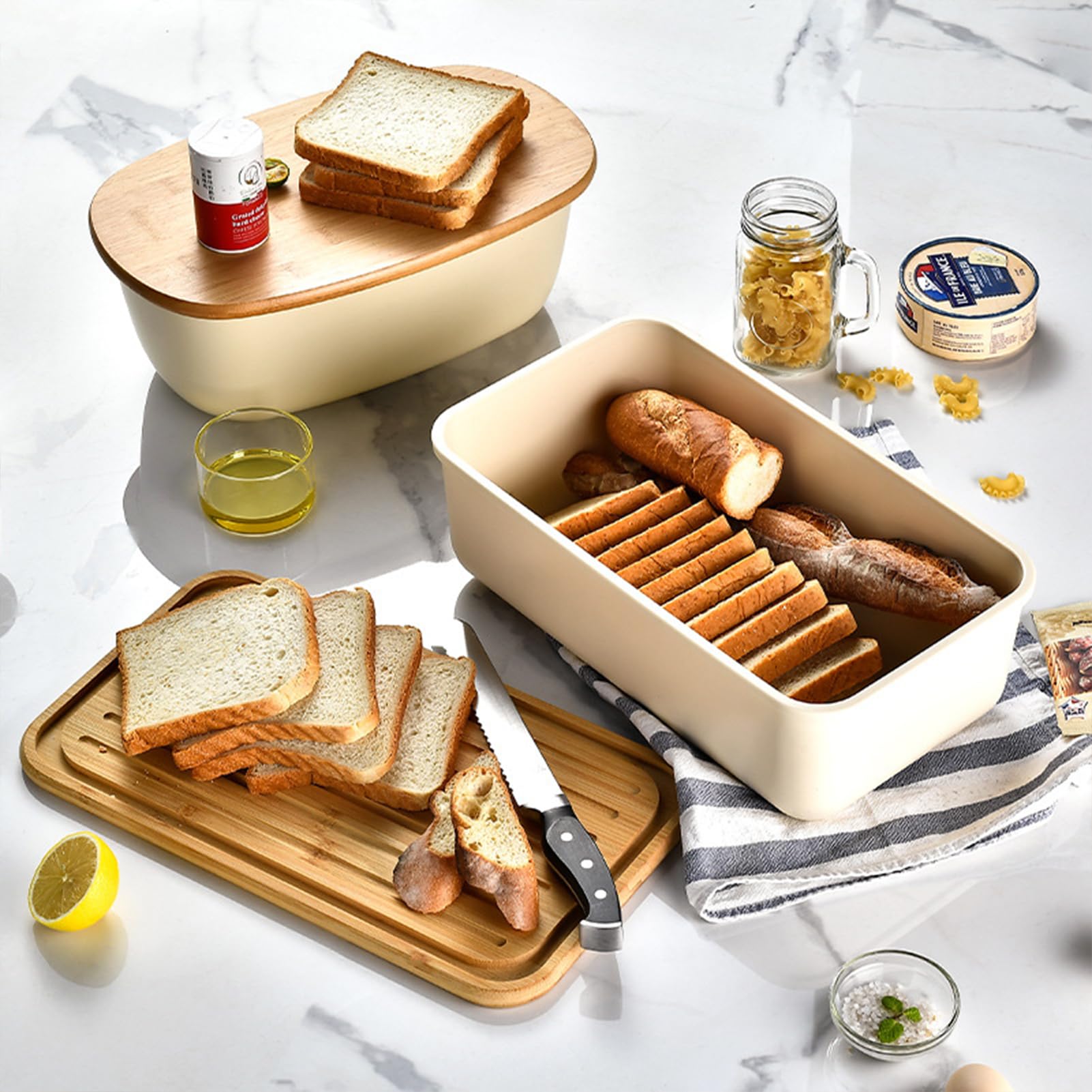 Paneras con tapa de bambú, panera con tabla de cortar, panera grande, panera de cocina, panera con tapa, cesta de pan moderna para una frescura duradera (rectangular)