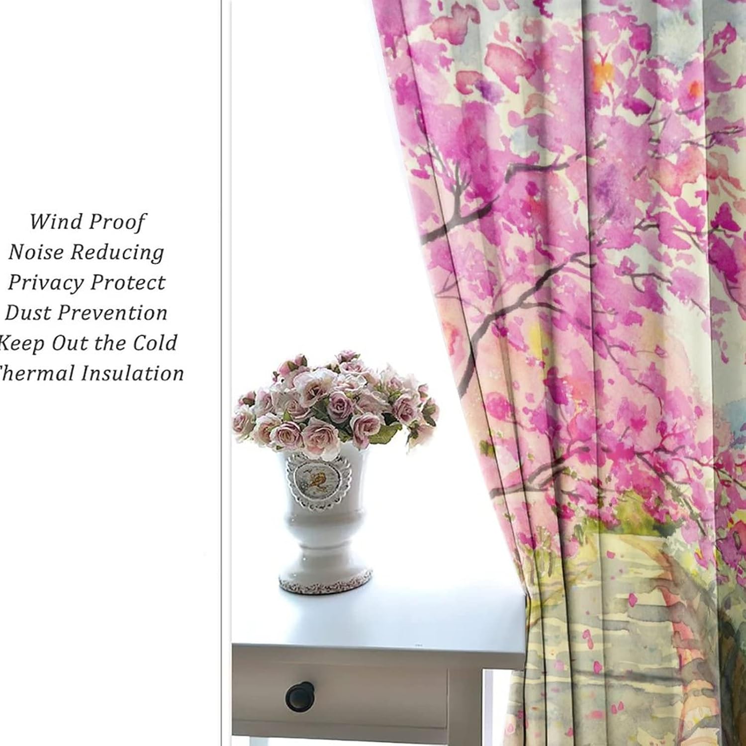 Anime Japanese Floral Grommet Blackout Curtains for Living Room,Room Darkening Watercolor Spring Cherry Blossom Rustic Village Curtains,2 Panels 63L x 31.5W