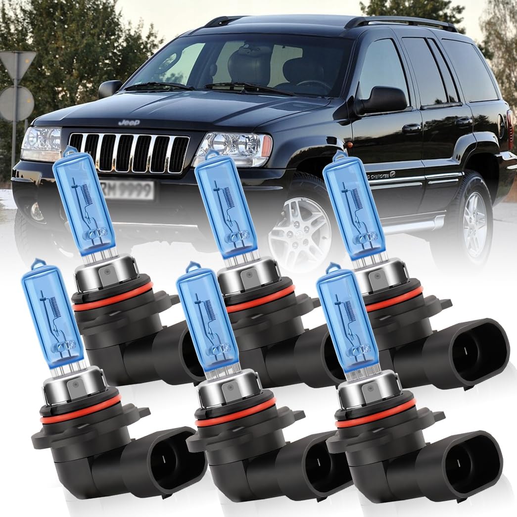 Fit For Jeep Grand Cherokee 1999-2010 Headlight Bulbs, 9005 High Beam 9006 Low Beam and 9145 Fog light Halogen Bulbs Kit 100W 6000K 300% Brightness High Performance