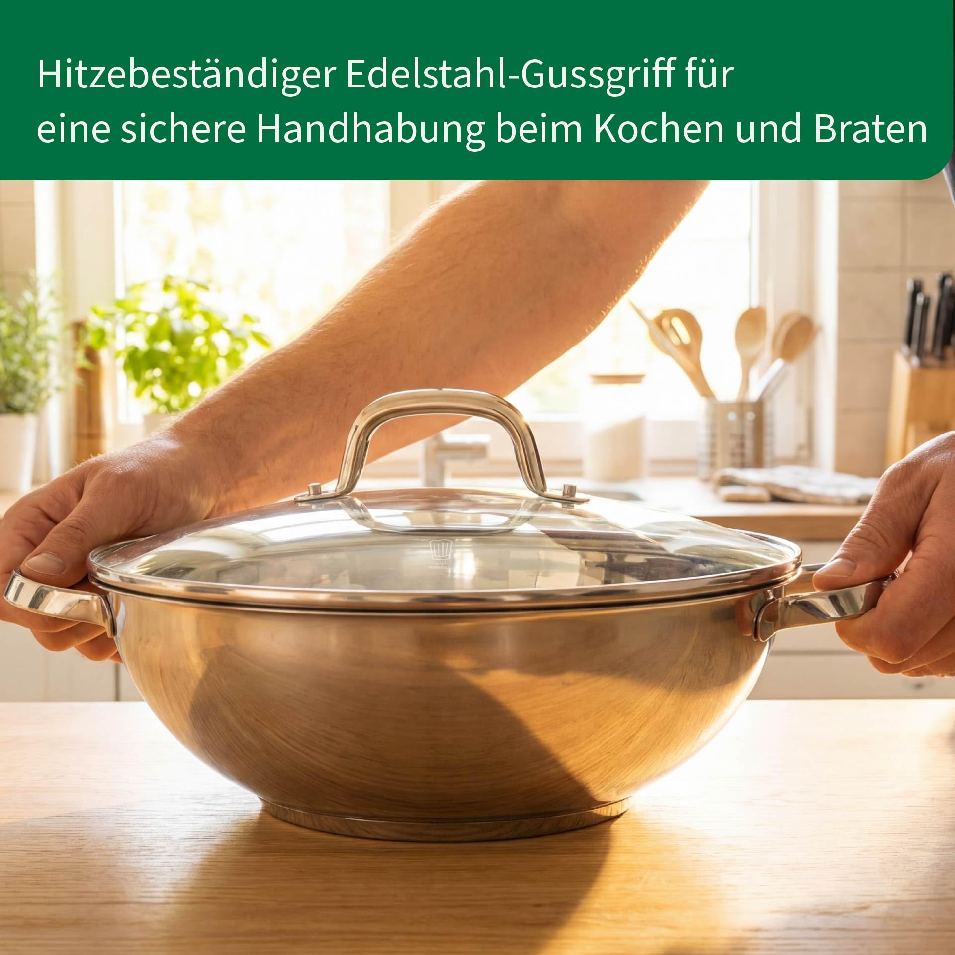 FACKELMANN Chefkoch trifft Wokpfanne Rosenheim – Ø30 cm, Glasdeckel inkl. Dampföffnung und Aluminiumkern, Aus Edelstahl mit hitzebeständigem Gussgriff, für alle Herdarten, Spülmaschinengeeignet