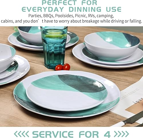 Miniatura 3 de Juego de vajilla de melamina, juego de platos y cuencos de 12 piezas, apto para lavavajillas, uso exterior e interior, blanco y verde