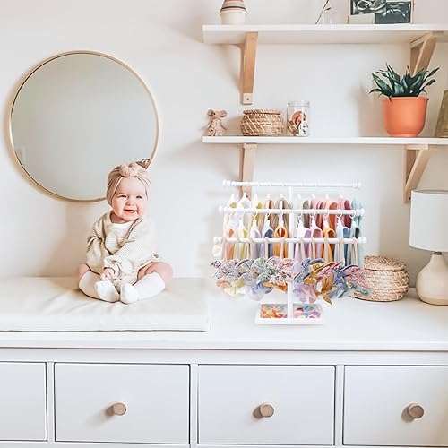 Miniatura 6 de POVETIRE Soporte para diadema de almacenamiento para bebé, organizador de lazo de madera de 3 niveles para lazos para el pelo de niñas, accesorios