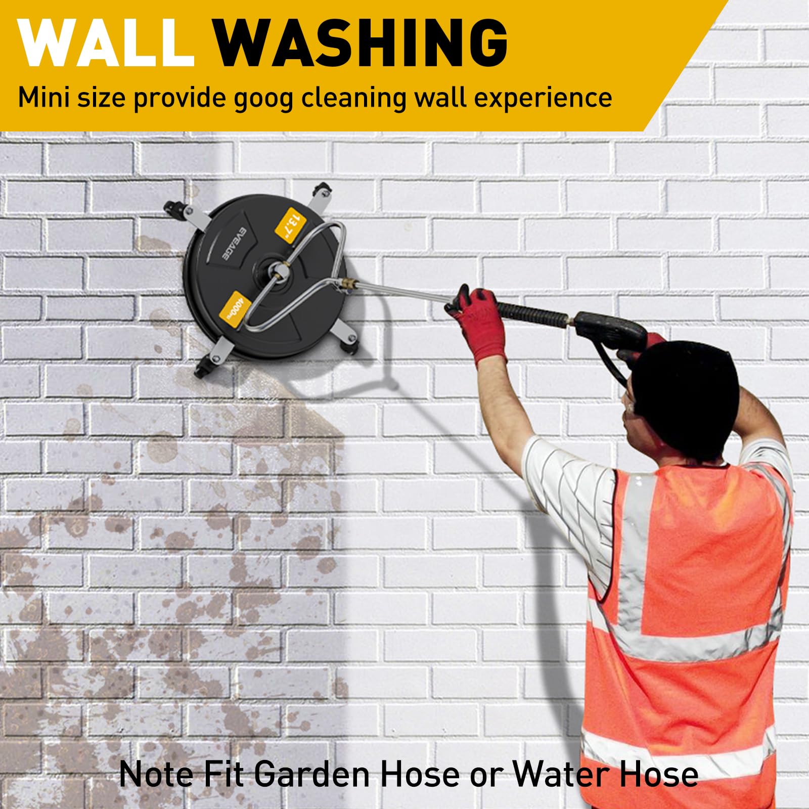 The EVEAGE 13.7-inch pressure washer surface cleaner features a durable stainless steel housing and four wheels for easy manoeuvring.