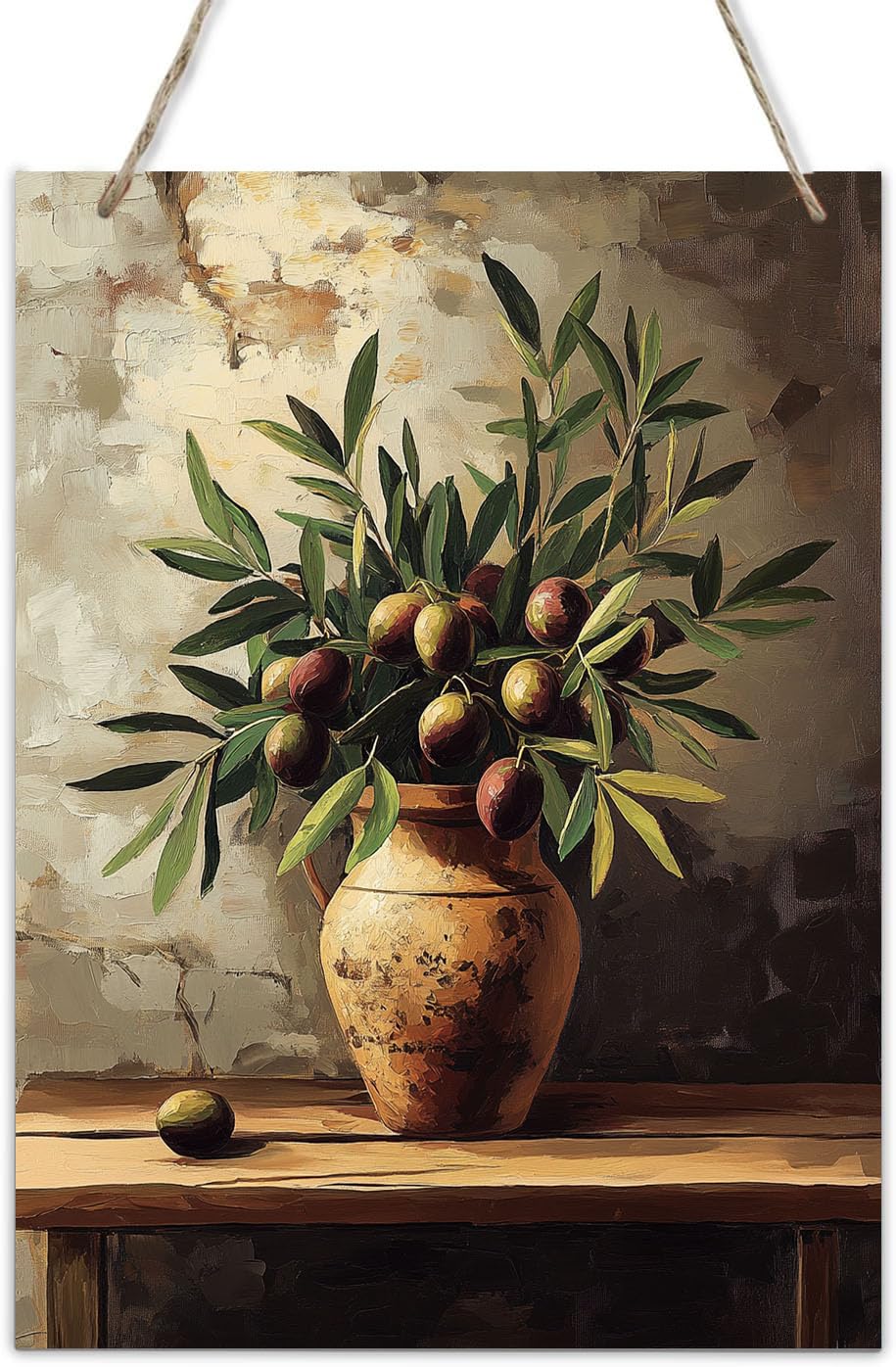 CDSASHCA Terracotta Vase with Olive Branches & Ripe Olives Wooden Sign, Rustic Mediterranean Wall Decor, Vintage Still Life Art for Kitchen, Living