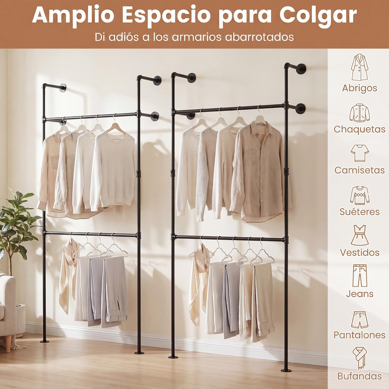 COSTWAY Perchero de Pared con 2 Barras para Colgar,106 x 32 x 227 cm