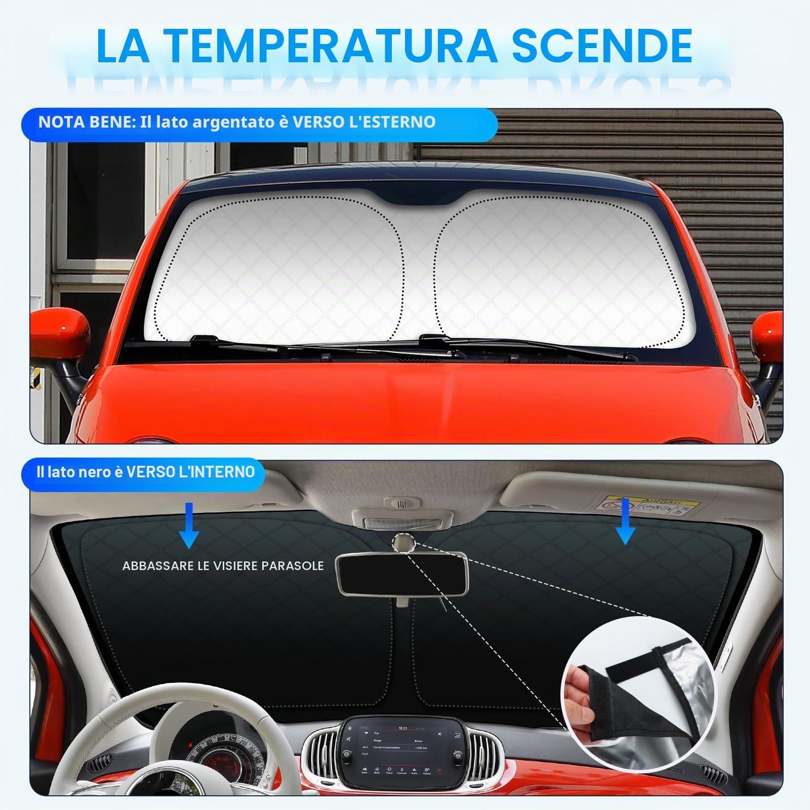 KUNGKIC Per Fiat 500 2008-2023 Abarth 595 2012-2023 parabrezza auto parasole pieghevole blocca i raggi UV parasole (parabrezza anteriore)