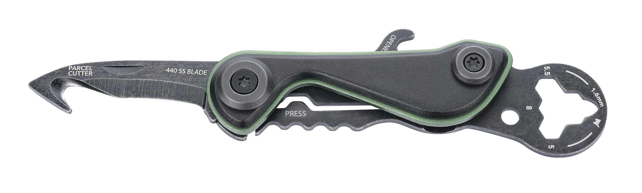 TROIKA Parcel Cut Card Mini Tool 9 Functions – Bottle Opener + Blade – Bottle Opener Keyring – 440 Stainless Steel Aluminium – Green, Black, Stonewash – Original TROIKA-image-34