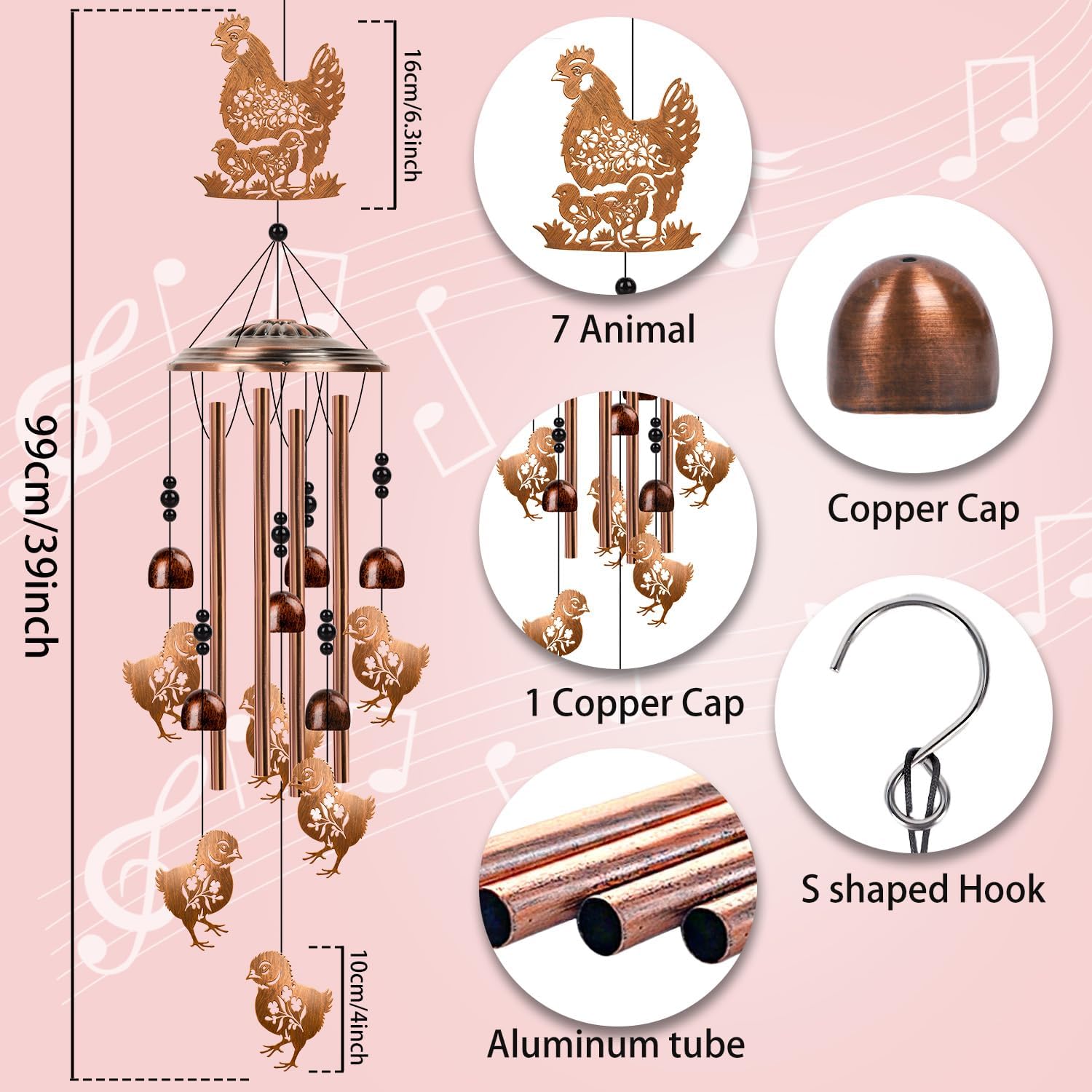 Chicken Wind Chimes for Outside - Chicken Gifts Rooster Hen Decor for Women Men, Birthday Housewarming Christmas Mothers Day Present, Metal Memorial Wind Chimes for Outdoor Garden Decor - Image 4