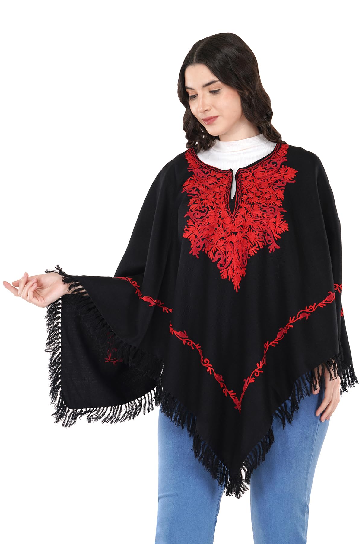 Indikraz Premium Women's Kashmiri hand embroidery floral woollen poncho Indian cape wrap shrug Free size