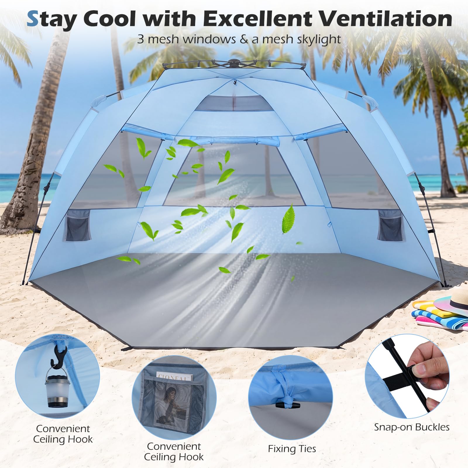 FANTASK Quick Up Tente de Plage pour 3 à 4 Personnes avec Porte zippée et 4 fenêtres en Maille, Protection V 50+, Tente Solaire avec Sac de Transport, piquets et 3 Sacs de Sable, pour Camping
