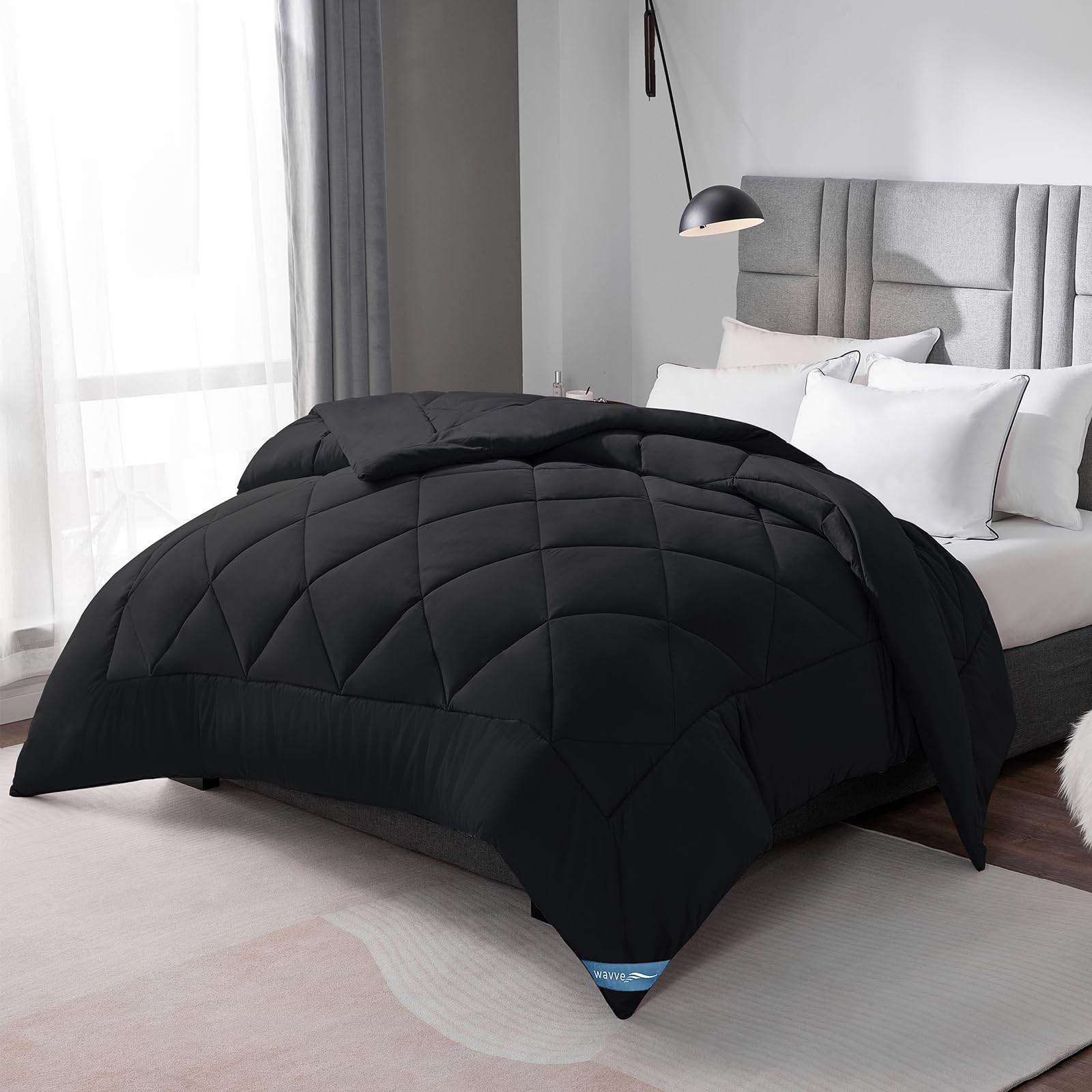 WAVVE Piumino Letto Piazza e Mezza Quattro 4 Stagioni - Piumone Autunnale Invernale 200 x 200 cm - Coperta Trapunta 200x200 di Microfibra Sintetico, Nero