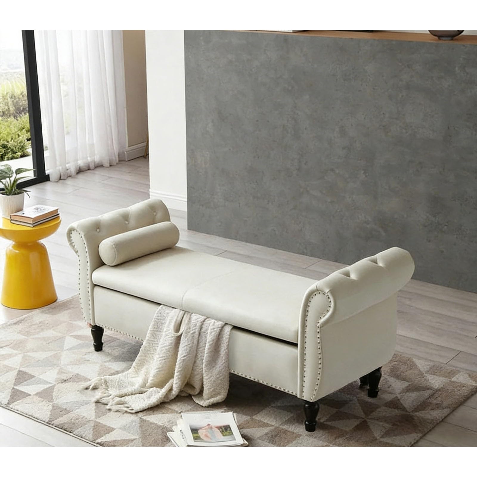 Banc ottoman de rangement entrée meuble rembourré extra long avec coffre de salon