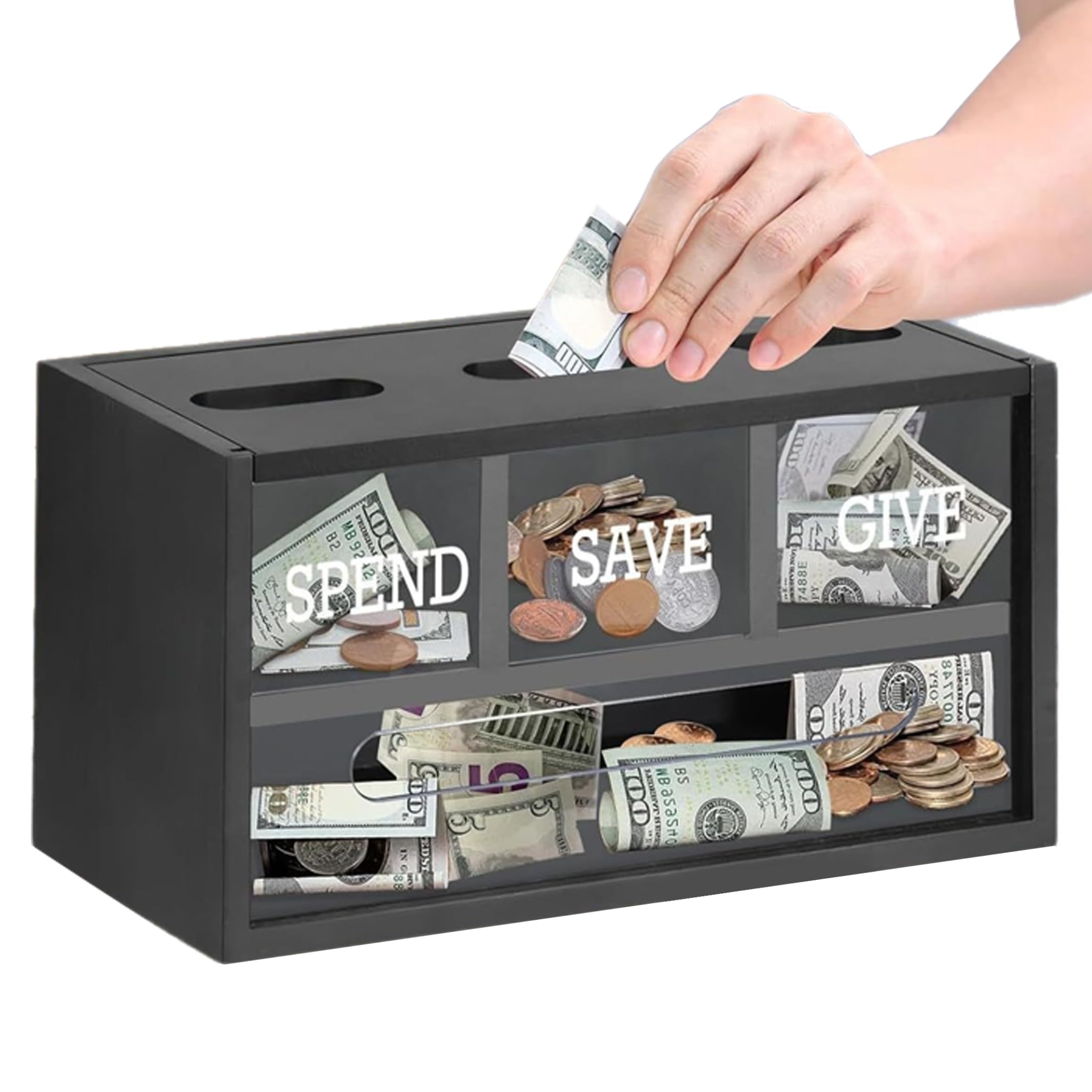 PithCogent Save Spend Give Bank for Kids, 3-Compartments Wooden Money Saving Box - Wall Mount & Countertop Money Bank with Visible window, Black