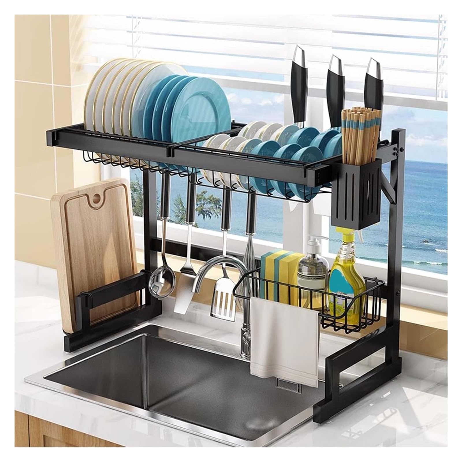 Escurreplatos de Cocina Negro k - 33x12x20 in. Escurreplatos de encimera Que Ahorra Espacio. Diseño Duradero y Elegante para secar y organizar los Utensilios de Cocina de Forma eficiente.