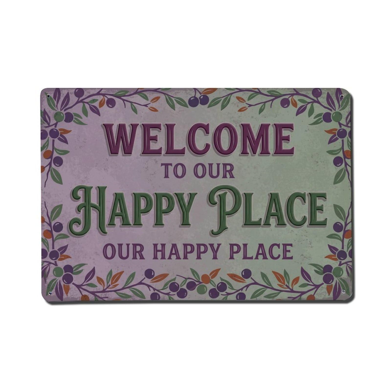 Okngb Style Spindle Berry Welcome Happy Place Rustic Entry Frame Metal Tin Sign Plaque Wall Decor For Cafe, Man Cave, Club Bar, Office, Home Garden Round Metal Poster 8X12inch