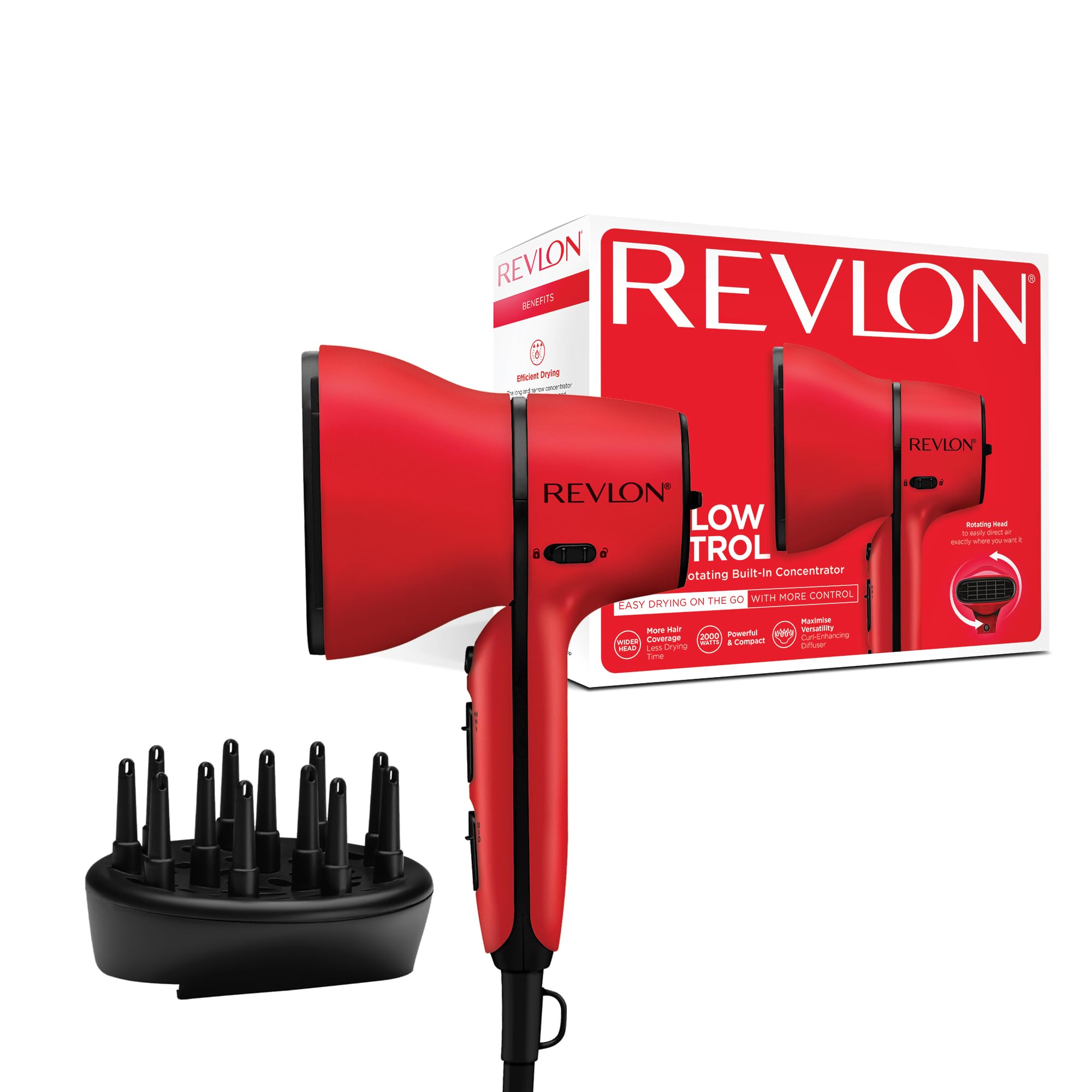 Revlon Secador Airflow Control || Secador compacto con concentrador incorporado giratorio y difusor que realza los rizos, 2000W || RVDR5320