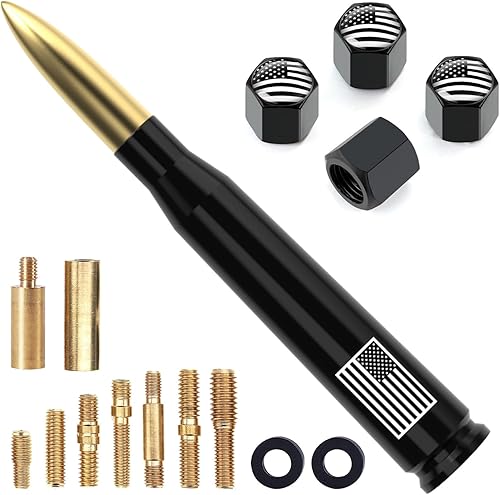 Miniatura 30 de Antena de camión para automóvil con tapas de válvula de neumáticos, bandera estadounidense, repuesto corto universal para GMC Sierra, Chevy