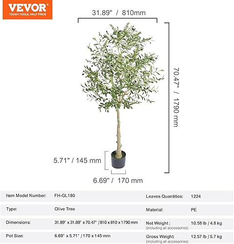 Miniatura 7 de VEVOR Árbol de olivo artificial, planta sintética de 6 pies de alto, material de polietileno seguro y protección de inclinación anti-punta, planta