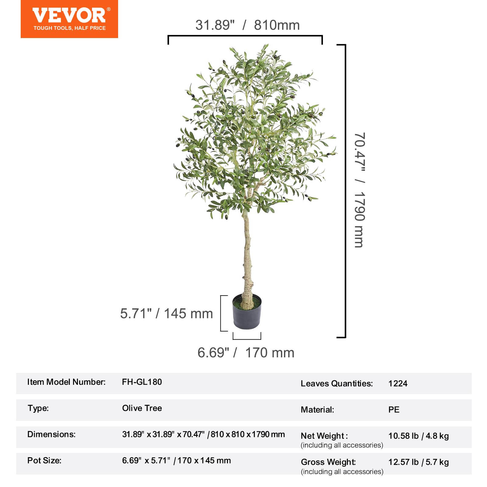 VEVOR Albero Artificiale, 179 cm Alta Albero Olivo Pianta Finta Realistica Ulivo con Vaso Φ170x145 mm, PE di Alta Qualità e Protezione Antiribaltamento Decorazione per Casa Ufficio Interni ed Esterni