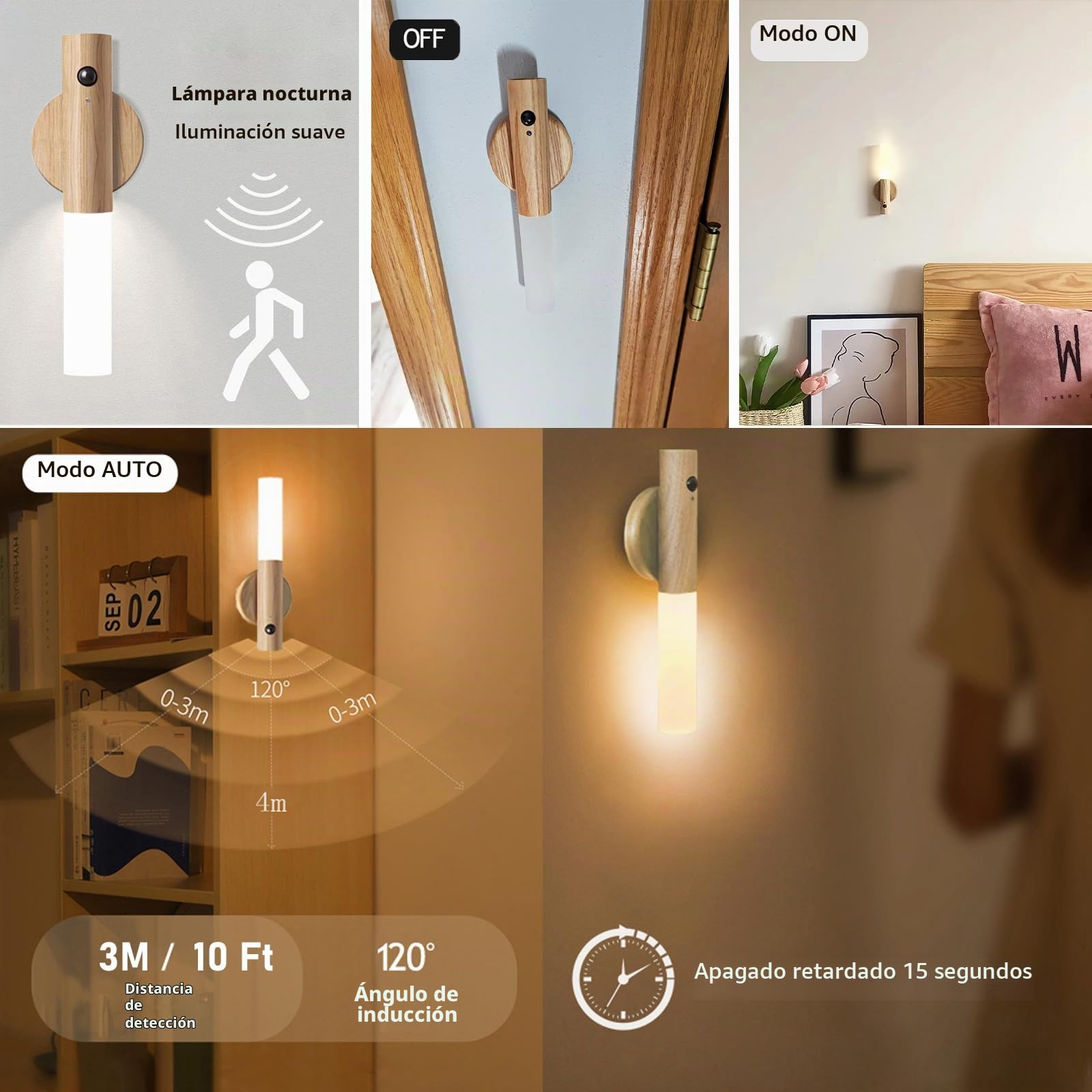 2 Piezas Armario Luz Nocturna LED Sensor de Movimiento Pilas Recargable USB Madera Aplique de Pared Interior con Interruptor Lámpara de Noche Sin Cable Magnetica Infantil Ninos Bebe Pasillo Escalera