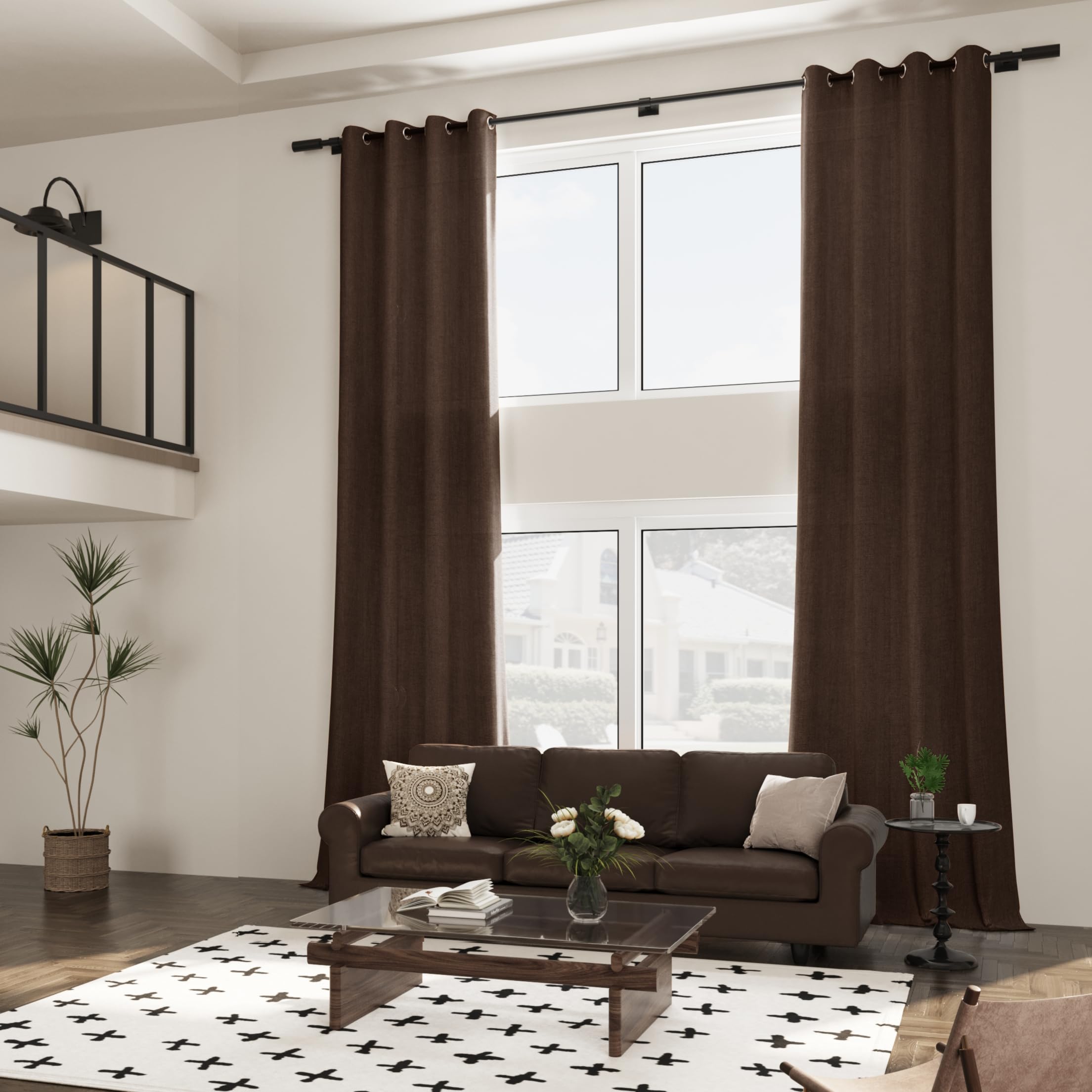 Aersas 132 Inch Brown Linen Curtains for High Ceiling Living Room Bedroom 2 Panels Custom Made Drapes Grommet Semi Sheer Light Filtering Extra Long Curtains 132 Inch Length for 2 Story Windows 11FT — image 1