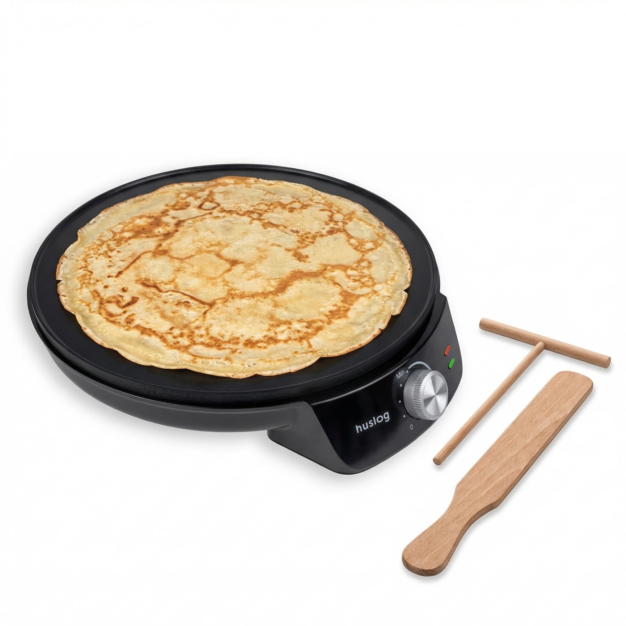 Crepiera Elettrica 1200W, Ø29 cm, Temperatura Regolabile, Piastra Antiaderente con Bordo Rialzato, con Spargitore e Spatola in Legno, per Crêpes, Pancake, Tortilla, Tacos, Nero