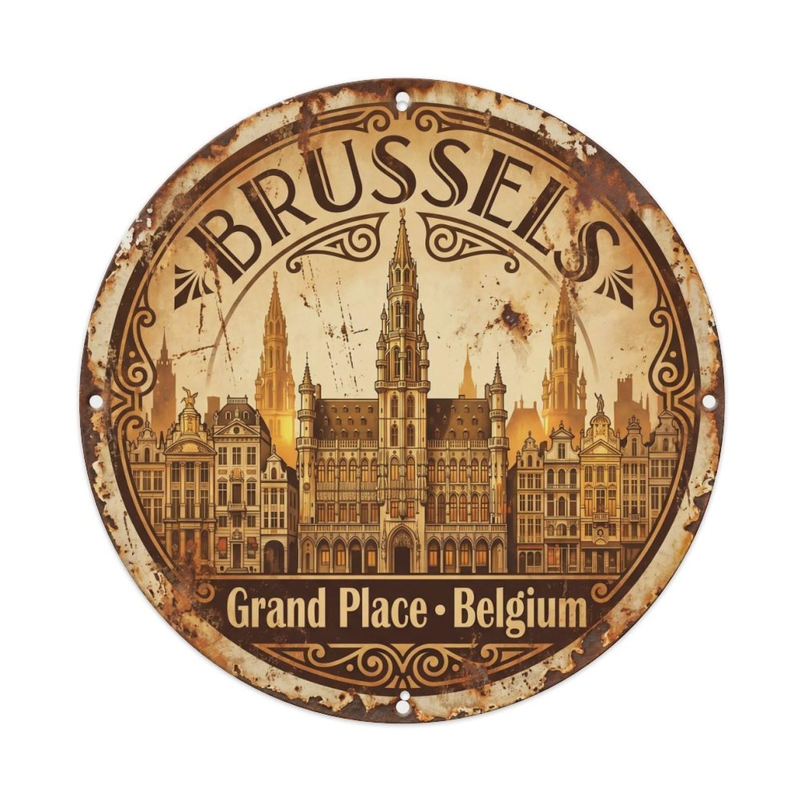 Cmhok Vintage Style-4 Vintage Travel Brussels Belgium Artwork Metal Tin Sign Plaque Wall Decor For Cafe, Club, Garden Round Metal Poster 8X8inch