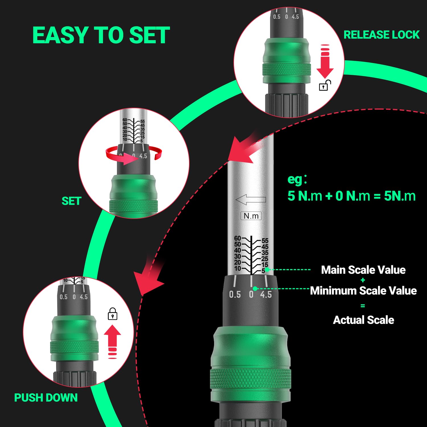 Set di 6 chiavi dinamometriche professionali a scatto – 1/4 3/8 1/2 pollici Set con 3 estensioni – 1 – 220 Nm, precisione ±3% – per riparazione auto, moto e biciclette