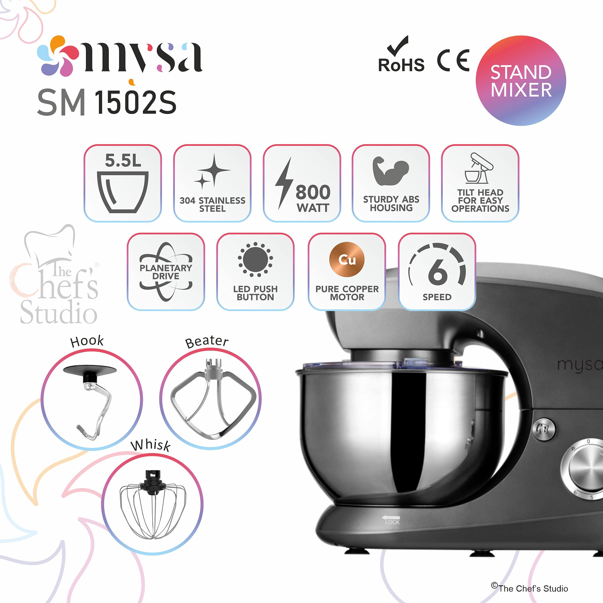 MYSA SM-1502 Stand Mixer 800 W Planetary Drive Food Mixer Tilt Head 5.5 Ltrs SS Bowl with 6 Speed for Baking and Cooking, Stainless Steel Bowl, Dough Hook, Wire Whisk and Beater, Grey