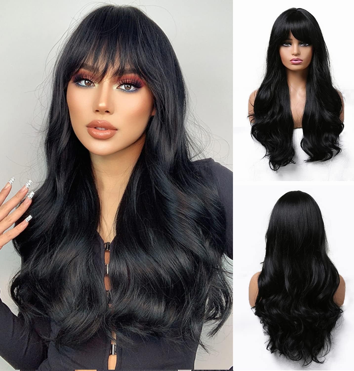 OSEN Synthetic Curly Wavy Silky Soft Hair Wigs for Women Girls to Increase Hair Volume, Black, 29 Inches 2 Wig Caps,1 Carry Pouch